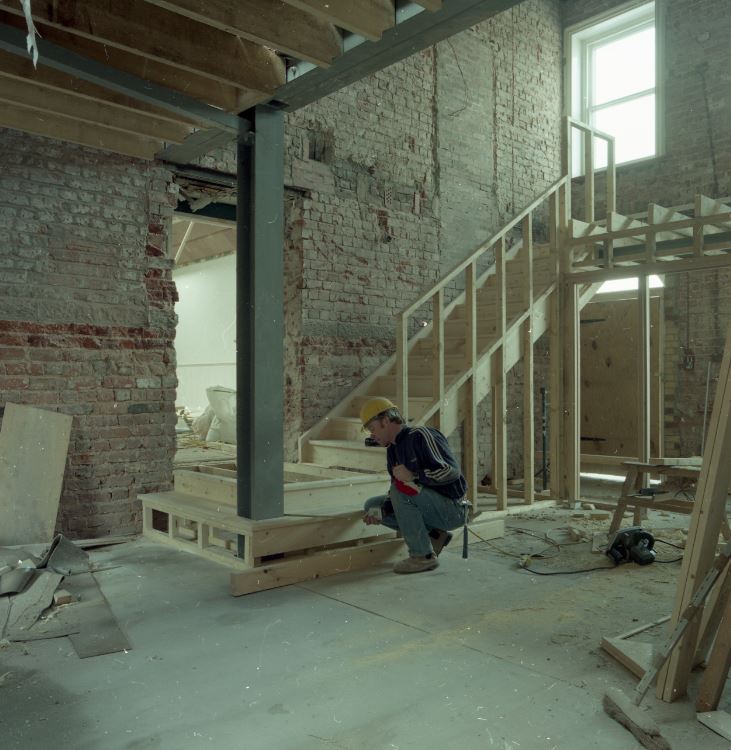 A contractor building the interior of the museum, the area which is now the foyer. 